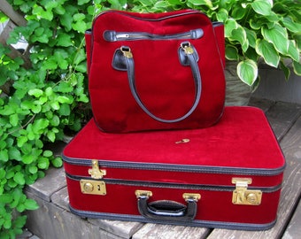 Vintage Suitcase Set, Red Velvet and Black Leather, Stylite Gralnick & Son Luggage, Lock w/ Key, Old Suitcase, Display or Prop