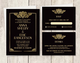Art Deco Wedding Invitation Set / Great Gatsby Roaring Twenties 1920s / Black and Gold / Invite Set ▷ Printable File {or} Printed & Shipped