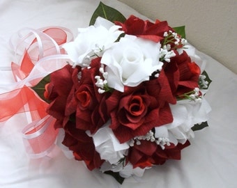 Silk Cascade all red roses brides bouquet groom boutonniere