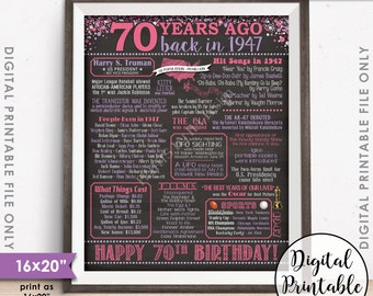 70th Birthday Gift 1947 Poster, 70 Years USA Flashback Instant Download 8x10/16x20” Born in 1947 Birth 70th B-day Chalkboard Style Printable