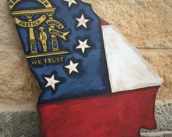 Georgia State Flag-Reclaimed Wood Sign-State Cut Out-Rustic-Barnwood Decor-Man Cave-Flags-Hand Painted