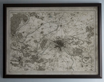 Paris Map: Vintage Map of Paris, France and Environs- Circa 19th C. - Weathered Map