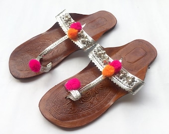 Silver Kolhapuri Chappals Embellished with Silver Bells and Pink, Orange Pom Pom Balls, Ethnic Indian Sandals