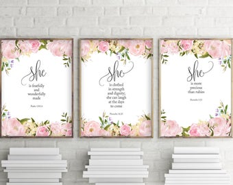 Nursery Wall Art, Set of 3 prints, She Is More Precious Than Jewels, Fearfully and Wonderfully Made, She Is clothed In Strength and Dignity