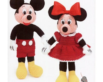 Instant PDF Digital Download Vintage Crochet Pattern to make Cute Mickey & Minnie Mouse Stuffed Plush Soft Body Toys 12" Seated