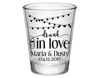 200x Custom Rustic Wedding Favors Shot Glasses | 1.75 oz Clear | Drunk In Love (2A) Hanging Lights | Choose Imprint Color | READ DESCRIPTION