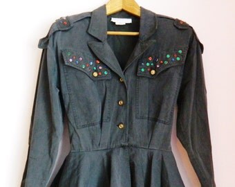 Vintage 80s Bedazzled Military Peplum Midi Dress - Size XS/S