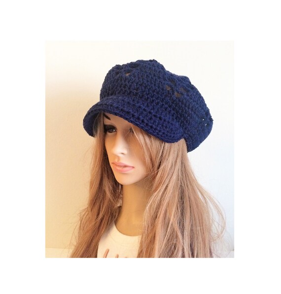Crochet Newsboy hat navy blue.Knit hat.Crochet hat Newsboy slouchy cap.Knit visor hat.Women