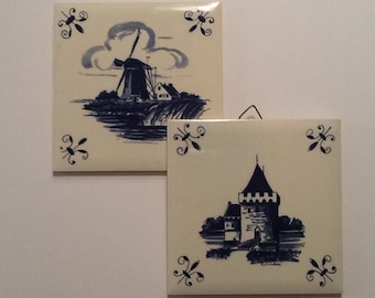 Tiles Blue Delft Vintage Ceramic Dutch Holland G Laurel Mark Set of 2 Windmill and Castle 4 x 4