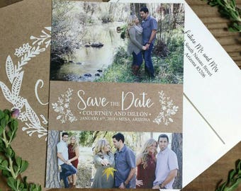 PRINTED Country Rustic Wedding Save-The-Date w/Envelope | Kraft Brown Paper Font Names Romantic Elegant | With RETURN ADDRESS Printing!
