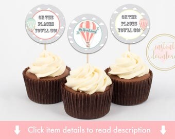 HOT AIR BALLOON Cupcake Toppers &amp; Party Circles in Seafoam