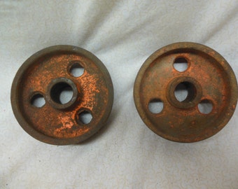 Pair of 3.5" Vintage Industrial Cast Iron Wheel Castors - Distressed Orange Patina Steam Punk
