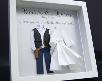 Personalized Wedding Anniversary Gift, Star Wars Theme, Hans Solo Princess Leia Paper Origami Bride & Groom Shadowbox Frame Wall Art Gift