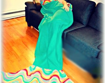 mermaid tail blanket adult fleece xl green and multi colors wave