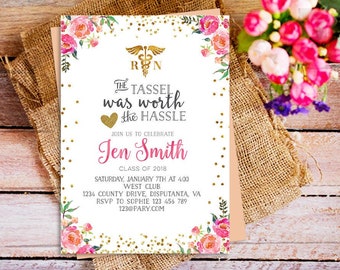 nurse graduation invitation, floral registered nurse invitation printable, gold floral pink invitation registered nurse, Printable Nurse