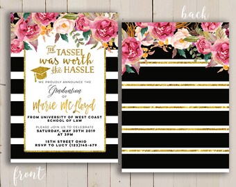 gold graduation invitation, the tassel graduation invite, High School Graduation, Tassel Was Worth The Hassel Graduation Invitation, black
