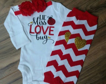 Baby Girl Lil Miss Love bug outfit- long or short sleeve, baby girl, baby shower gift, matching head band and leg warmers, clothing set