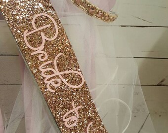 GOLD Glitter Bride to be Bridal Shower sash Theme/ Beaded - Hen Party Sash and veil - Bachelorette sash bachelorette veil - Bride to be -