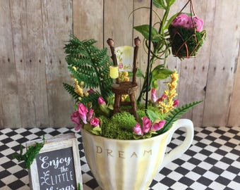 Tea cup fairy garden, miniature fairy garden, fairy garden sign