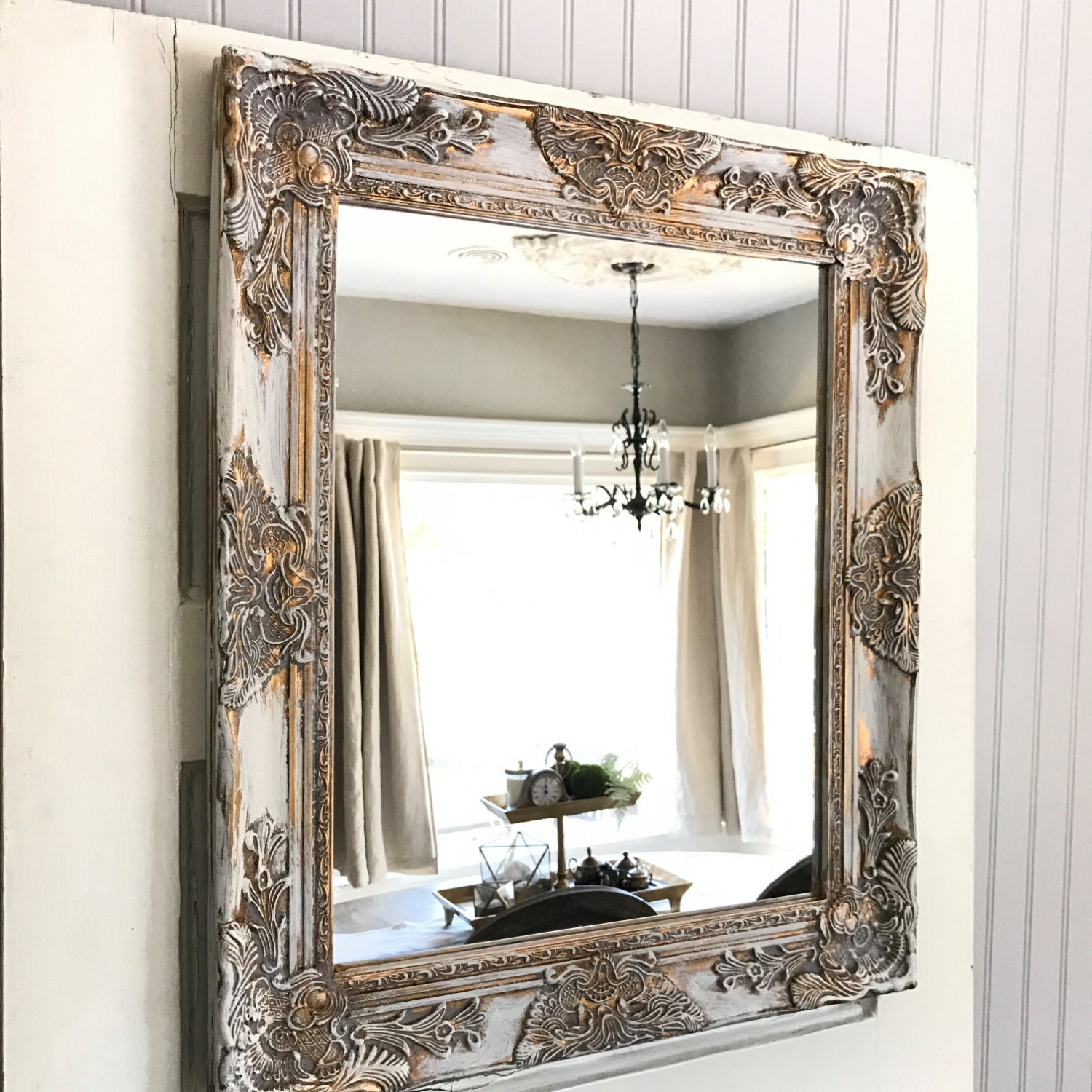 Shabby Chic Wall Mirror Bathroom Mirror White Gold Distressed