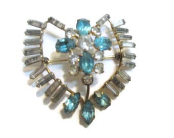 Rhinestone Brooch, Aqua Pin, Silver Tone, Mid Century Jewelry , 1940s-1950s, Blue