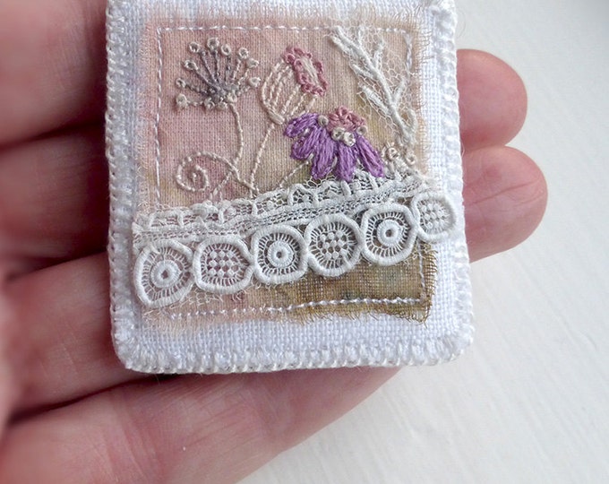 stitched brooch, flower textile brooch,eco dyed silk,embroidered flowers,antique lace,pink, handmade brooch