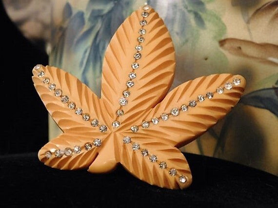Art Deco Bakelite Clip / Maple Leaf / Rhinestone Dress Clip / Butterscotch Hand Carved Bakelite / Fur Clip