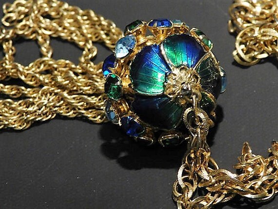 Vintage Mid Century 1950s 50s Rhinestone Enamel Tassel Sautoir Lariat Necklace Dangling Dangle Ball Wedding Bride Fashion Blue Green Gold