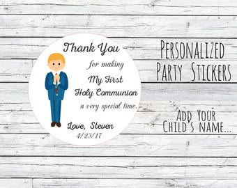 BOY Personalized First Communion Party Favor Tags , Bag Tags, Favor Tags or Labels, Communion Thank You Stickers You Choose Size