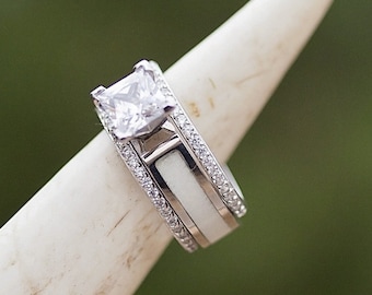 Women's Engagement & Wedding Set - 5mm White Antler Engagement Ring with 1mm Silver stacking bands