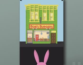 Bob's Burgers Building Print - Belcher, Family, Restaurant, Bob, Lina, Tina, Gene, Louise, Illustration, Animated Sitcom, TV, Poster
