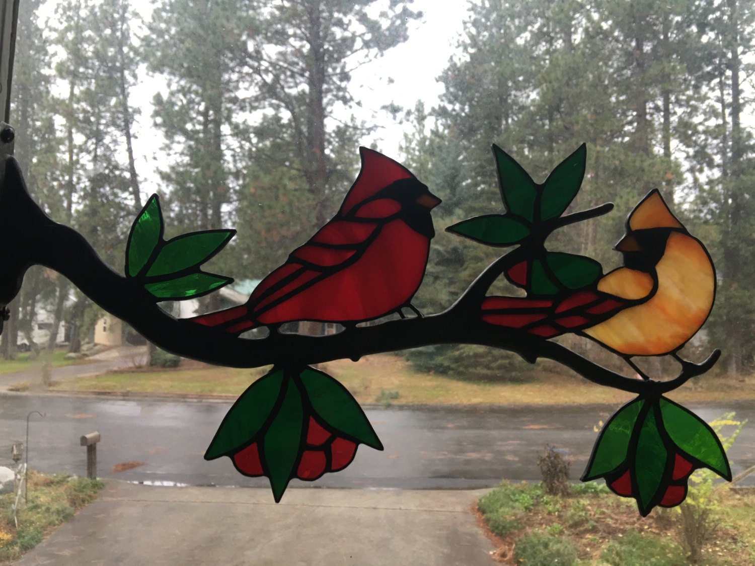 Stained glass window frame Cardinals by Designsinglasscindy