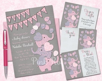 Elephant baby shower printable invitation set grey pink baby girl digital invite with inserts thank you bring a book Diaper Raffle card