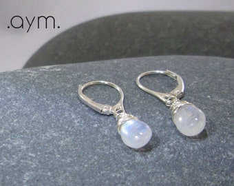 moonstone dangle leverback earrings, sterling silver wire wrapped rainbow moonstone drop earrings gift for her wife sister daughter mom gift