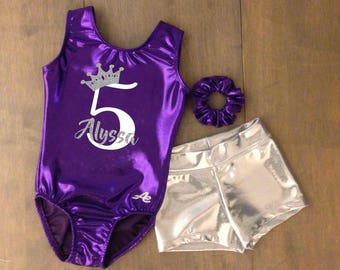 Crown Birthday gymnastics leotard and short with name and age applique in glitter