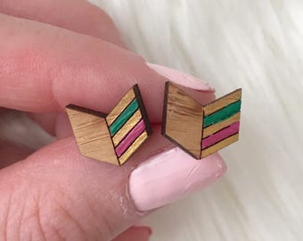 Hand painted Wooden arrow earrings, laser cut wooden geometric arrow, arrow studs, hypoallergenic earrings, gifts for her