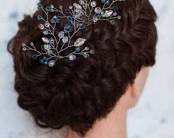 Blue Beaded Bridal Hair Pin Silver Wedding Hairpiece Prom Hairpin Navy Blue Hair Accessory Blue Crystal Hair Pin Bridesmaid Headpiece Set