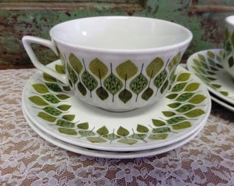 SPANISH CROWN China • Pontesa Ironstone • The Whiskered Kitten • Mid Century Modern • 2 Cups & 4 Saucers • Vintage Dishes • Leaf Motif China