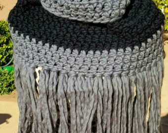 crochet infinity scarf, fringe scarf, crochet cowl, girlfriend gift, wife gift, boho accessories, gray alpaca scarf, black wool scarf
