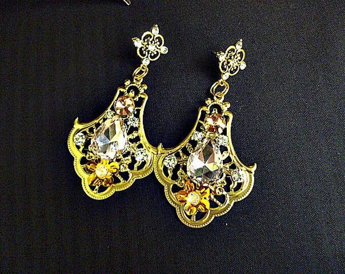 Wedding gold Light Rose crown headband bridal jewelry set tiara earrings swarovski crystal bride filigree diadem Headdress photography glass