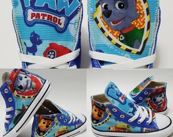 Paw Patrol Converse shoes, boy birthday sneakers, custom pawpatrol Chucks, marshall, chase, blue licensed cotton fabric by hallwayzdesigns
