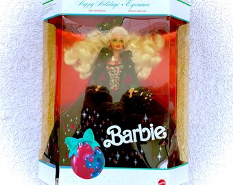 1991 Barbie Special Edition Happy Holidays Green Velvet Dress NEW IN BOX Blonde Collector Christmas Velour 90s Original Retro Xmas Sealed