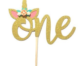 1 pc Flowers Unicorn Horn Ear ONE Gold Glitter Cake Topper for Birthday Baby Boy Girl Whimsical Theme