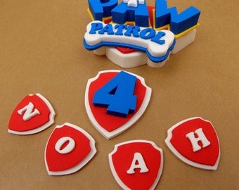 Personalised Paw Patrol badge sugar paste icing cake topper edible birthday, shipping from UK