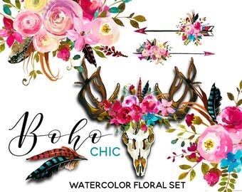 Boho Watercolor Clipart Pink Blue Flowers Deer Scull Horns Antlers Arrows Clipart Floral Bouquets Wreaths Sprays DIY Wedding Invitations