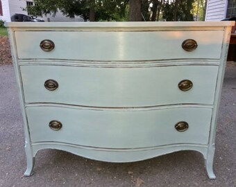 SOLD Stunning mahogany bow front robin's egg blue dresser chest of drawers