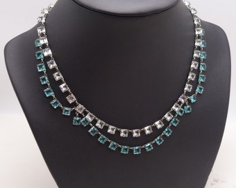 Beautiful Vintage Art Deco Crystal Open Backed Triple swag Necklace Blue and White