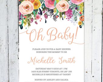 Baby Shower Invitation Girl, Oh Baby, Floral Baby Shower Invitation, Flowers, Printable, Printed, Colorful, Spring