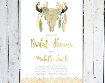 Bridal Shower Invitation, Boho, Antlers, Cow Skull, Tribal, Gold, Pink, Mint, Feather, Floral, Watercolor, Anlters, Printed, Printable