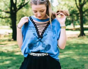 Blue and Black Western Lace Up Tee Lace Up Top Lace Up Shirt